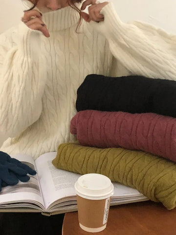 Getadme-Y2K Vintage Ribbed Oversized Sweater Women Elegant Turtleneck Knitted Jumper Korean Casual Warm Knitwear Top Streetwear